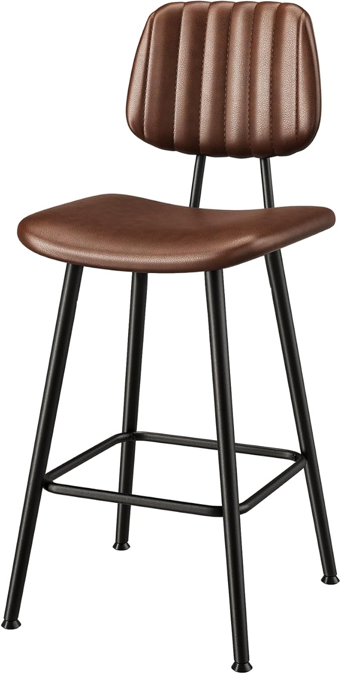 24-Inch Leather Bar Stools, Counter Height Barstools with High Backrest,Bar Chairs for Kitchen Island with Heavy Duty Metal Legs, Dark Brown