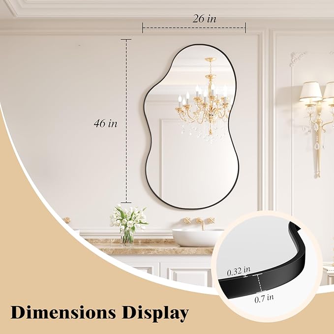 WEER Irregular Wall Mirror, 26x46 inch Black Asymmetrical Mirror Wall Mounted Mirrors Decorative, Abstract Wavy Aluminum Alloy Frame Mirror for Bathroom, Bedroom, Living Room, Entryway
