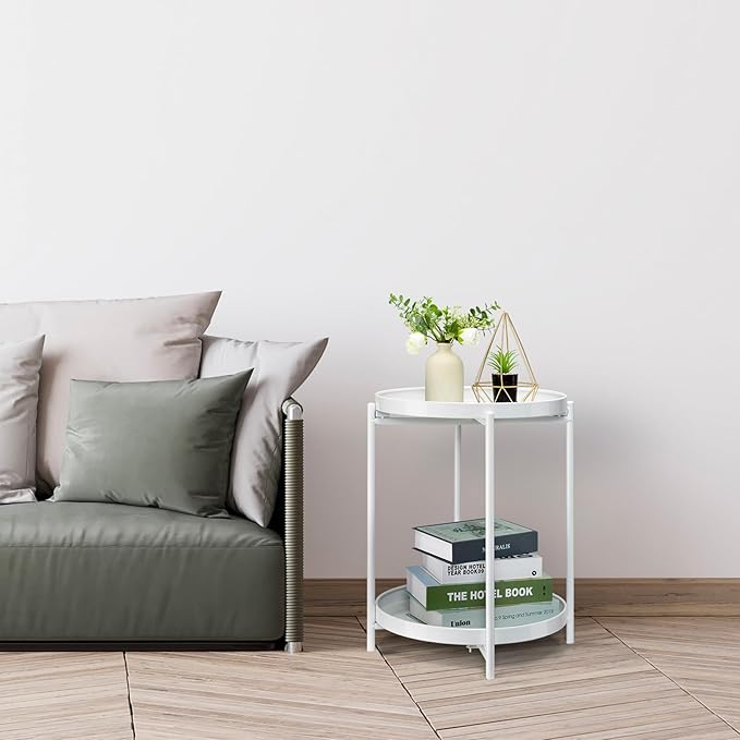 Danpinera 2 Tier Metal Side Table with Removable Tray - Round Accent Table, Anti-Rust White Nightstand for Bedroom, Balcony, Patio