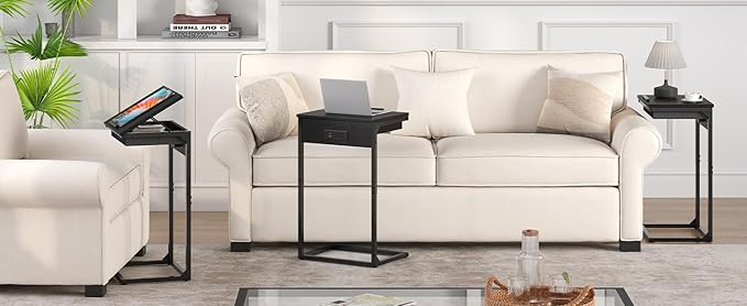 C Shaped End Table with Charging Station, 45° Tiltable Adjustable Flip Top Side Table with Storage,Small C Table for Small Spaces,Slide Under Couch Sofa Bedside Table for Living Room, Black