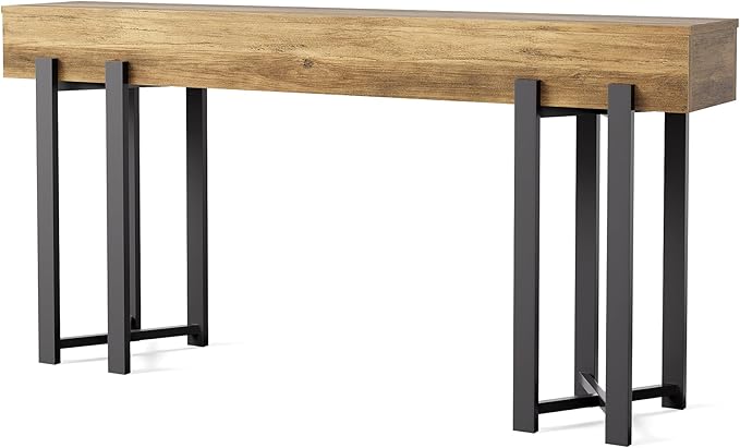 LITTLE TREE 63-Inch Console Table for Entryway, Industrial Behind Couch Table, Minimalist Sofa Table for Living Room, Rustic Brown Wooden Hallway Foyer Table with Black Metal Frame