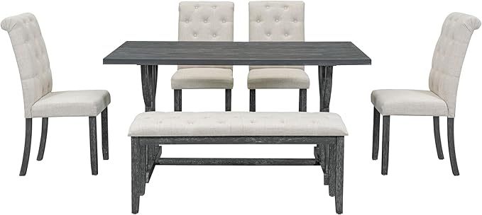 SogesPower 6-Piece Dining Table Set, Rectangular Farmhouse Kitchen Dining Table Set with 4 Upholstered Chairs & 1 Bench, Retro Kitchen Table Set for 4-6 for Dining Room Living Room, Gray Wash