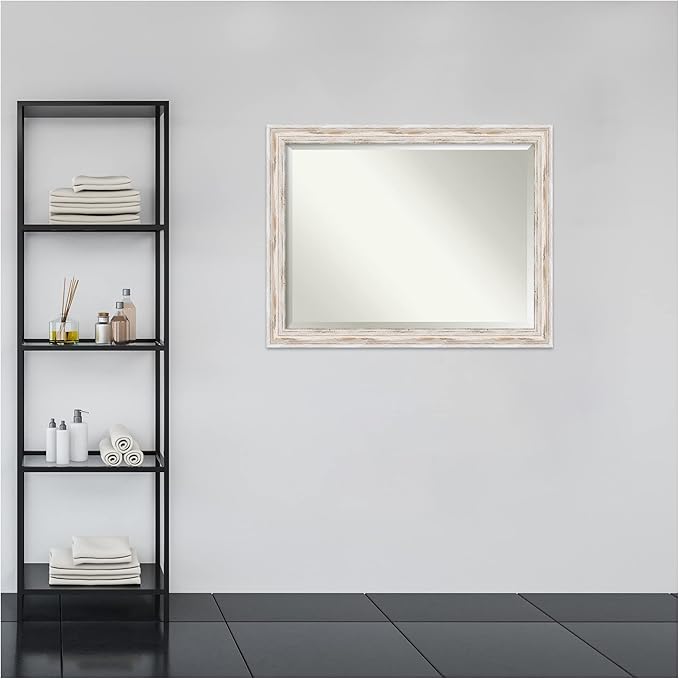 Amanti Art White Bathroom Mirror for Over Sink, 35x45 Alexandria White Wash Rectangle Vanity Mirror, X-Large Coastal Wood Frame, Hangs Horizonally and Vertically, Bathroom Wall Decor, Beveled Edge
