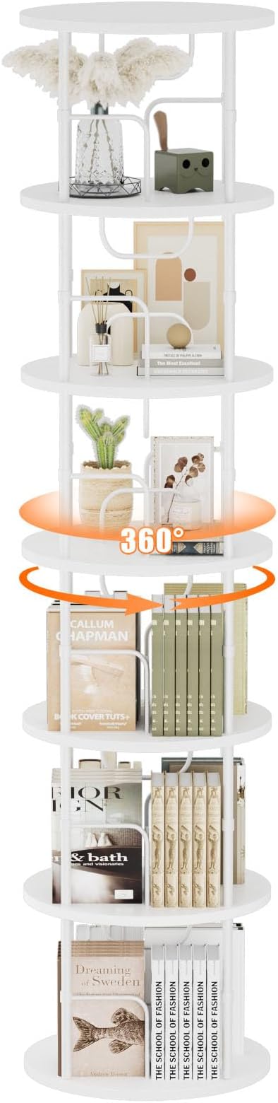 6 Tier Rotating Bookshelf, 360 ° Display Stackable Spinning Bookshelf Tower, Corner Bookshelf Tall Floor Standing Swivel Bookcase Narrow Storage Organizer for Bedroom, Living Room, White