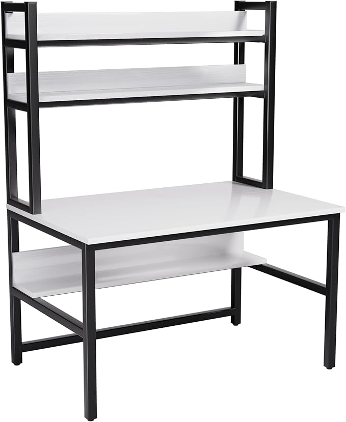 Aquzee Computer Desk with Shelves, 47" W x 23.6" D Gaming Desk with Hutch and Bookshelf, White Study Table for Bedroom Space Saving with 3 Tier Storage Shelf, Home Office Desk for Writing Work