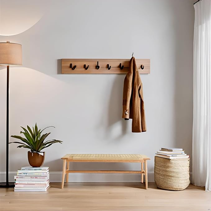 OOKSEN Entryway Bench, Solid Wood Dining Bench, 31.5" Wooden End of Bed Benches, Midcentury Modern Bedroom Benches Stool with Hand-Woven Rope for Kitchen Living Room Hallway