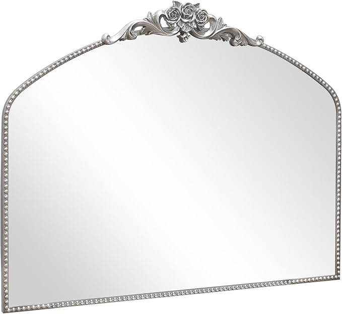 AIXI HOME Silver Arched Mirror, 40" x 30" Traditional Vintage Antique Mantel Mirror with Ornate Metal Frame, Baroque Wall Mounted Mirror for Entryway/Fireplace/Hallway/Bathroom/Living Room/Bedroom