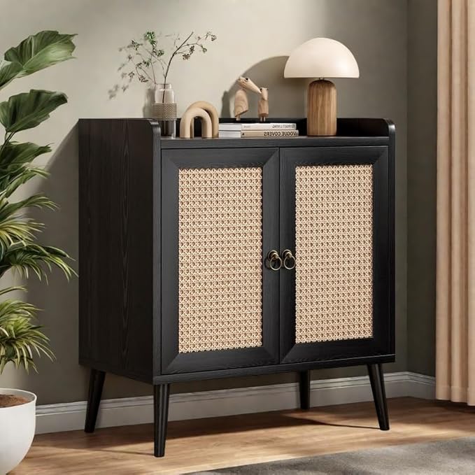 Buffet Cabinet, Rattan Storage Cabinet with Round Pull Rings, Sideboard with Ample Storage, Bar Liquor Shelf with 2 Doors for Living Room, Hallway, Black