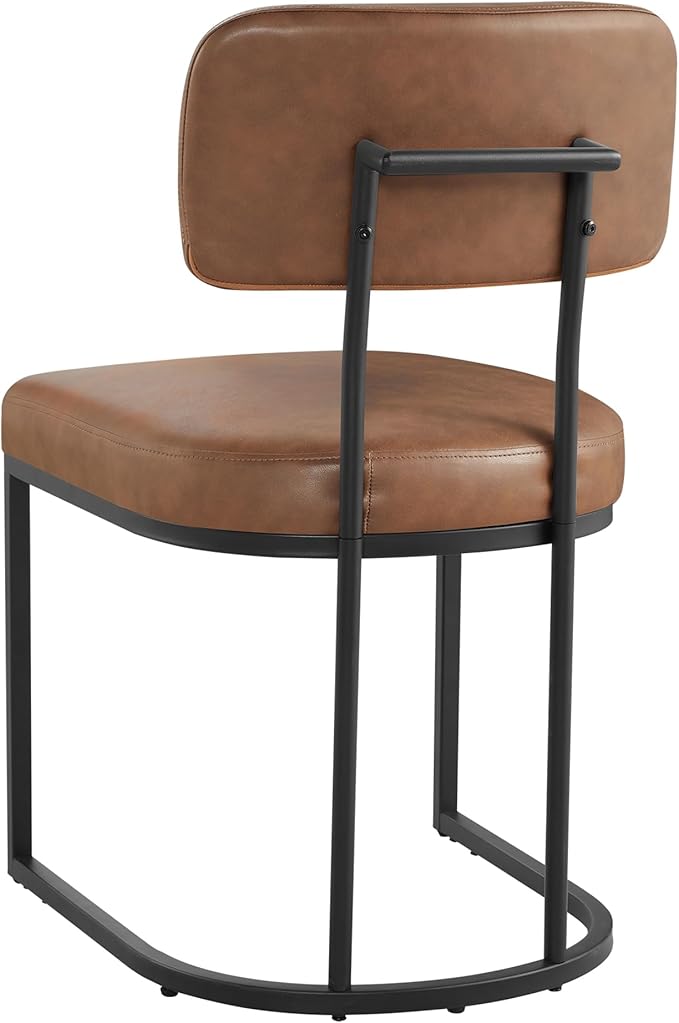 Dining Chairs Set of 4, Upholstered Modern Kitchen Chairs with Ergonomic Backrest, Faux Leather Cushion Seat & Metal Legs for Living Room, Restaurant, and Café, Brown, 2 Boxs