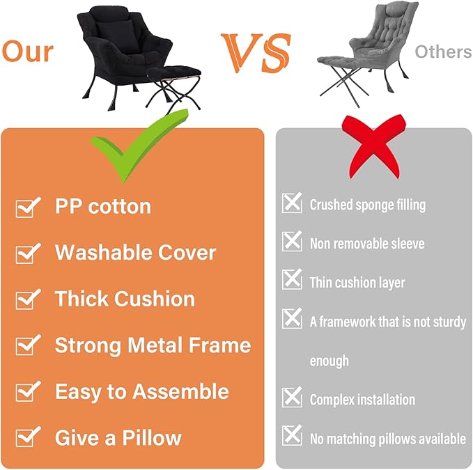 Lazy Chair with Ottoman, Modern Lounge Accent Chair with Armrests and a Throw Pillow, Leisure Sofa Chair Set, Reading Chair with Footrest for Living Room, Bedroom, Dorm Room, Midnight Black