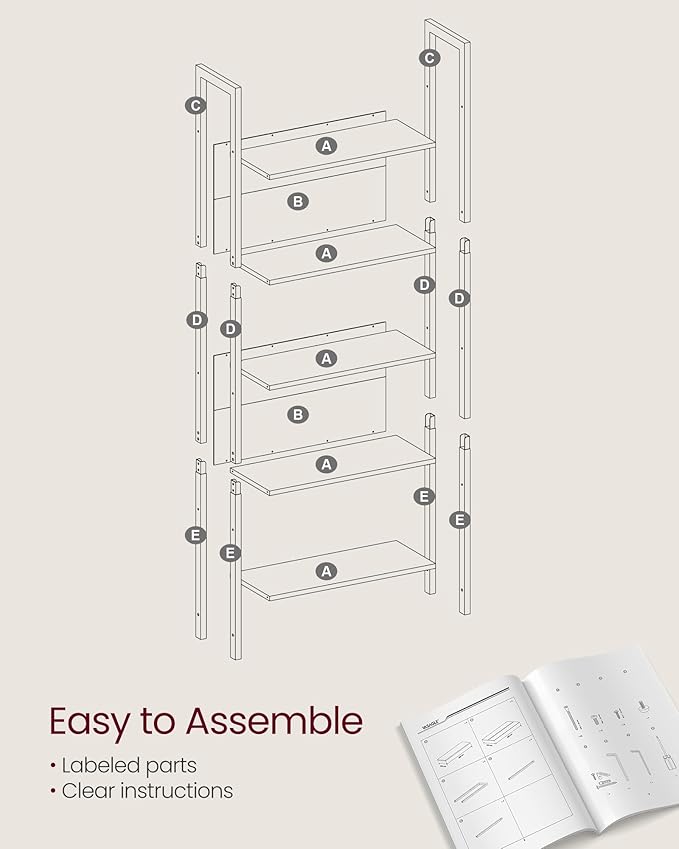 VASAGLE 5-Tier Bookshelf, Book Shelf, Industrial Bookcase, with Steel Frame, for Living Room, Home Office, Bedroom, 9.4 x 24.4 x 65 Inches, Camel Brown and Black ULLS025B50