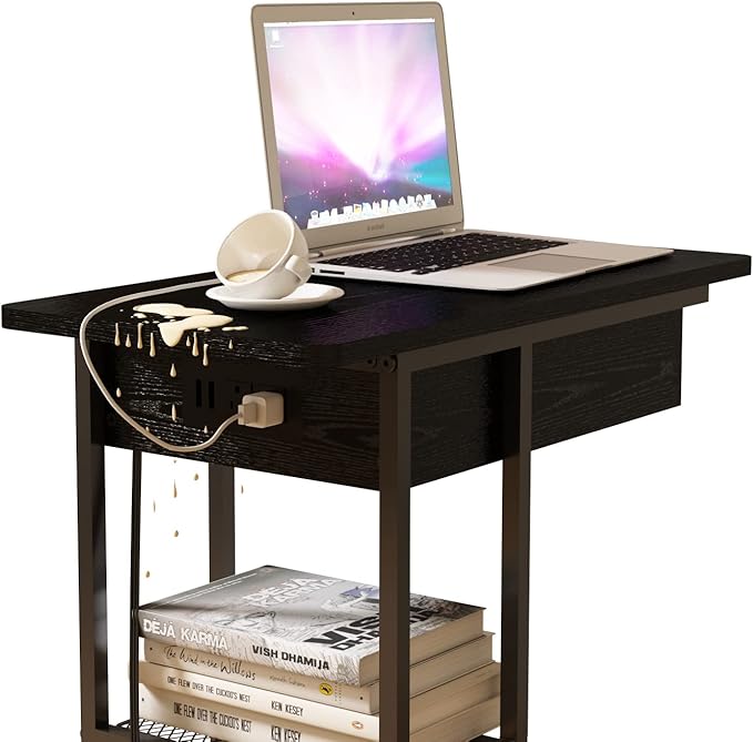 LIDYUK C Shaped End Table with Charging Station, Flip Top Side Table with USB Ports and Outlets, C Table Sofa Table with Storage Shelf for Living Room, Bedroom, Black