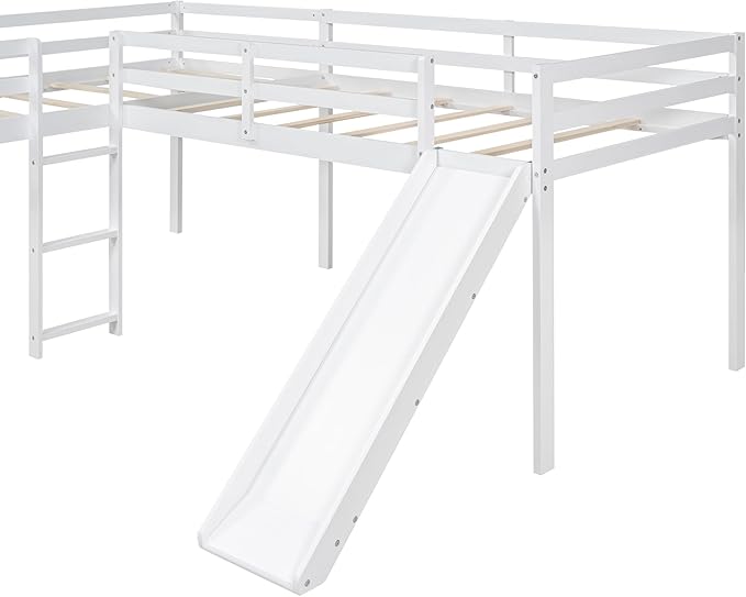 L-Shaped Twin Size Loft Bed with Ladder and Slide,Solid Wood Structure Bed Frame,w/Safety Guardrail & Slat Supports,Space Saving,Easy to Assemble,for Kids,Teens,Girls & Boys,White