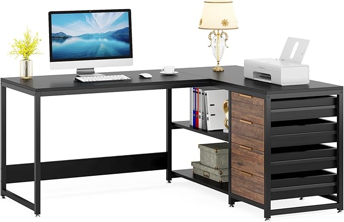 Tribesigns L Shaped Computer Desk with Storage Drawers, 59 inch Corner Desk with Shelves, Reversible L-Shaped Office Desk Study Writing Table Workstation for Home Office, Black