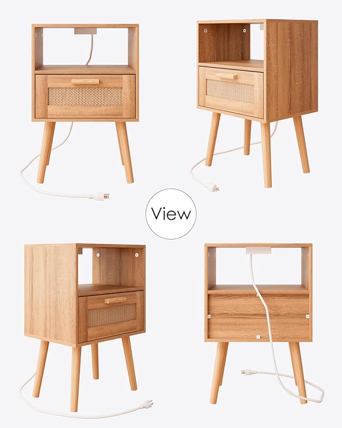 Rattan Nightstand with Charging Station, Small Night Stand, Side Table with Drawer Open Shelf, Cane Accent Bedside End Table with Wood Legs, Modern Nightstand for Bedroom, Oak (Modern)