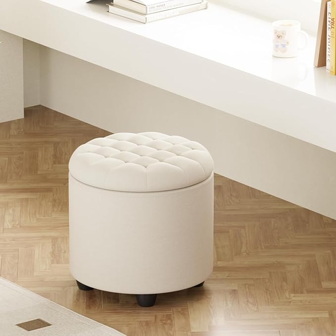 Furniliving Modern Round Storage Ottoman,Button Tufted Ottoman Foot Stools Ottoman Footstool with Removable Lid Storage Ottoman for Living Room, Bedroom, Makeup Room,Beige