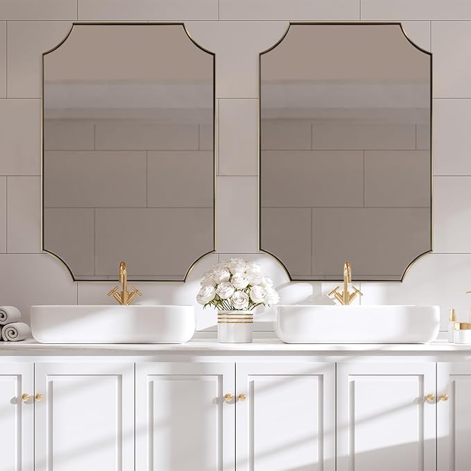 ANDY STAR Gold Scalloped Wall Mirror, 30x40 Brushed Gold Vanity Mirror, Large Rectangle Mirror in Never-Rust Stainless Steel Metal Frame, Wall Mount Vertical or Horizontal