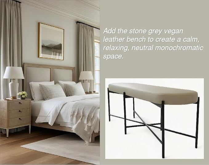 54” upholstered Vegan Leather Accent Ottoman Bench for entryway, Living Rooms, lounges, bedrooms-White Rock/Light Grey