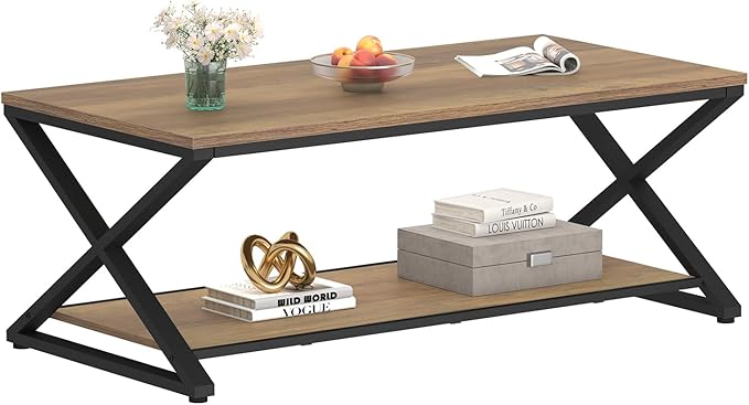 HSH Rustic Farmhouse Coffee Table, Modern Minimalist Wood and Metal Living Room Table, 2 Tie Rectangle Center Table with Storage & Display Shelf, Simple Office Cocktail Tea Table, Rustic Oak, 39 Inch