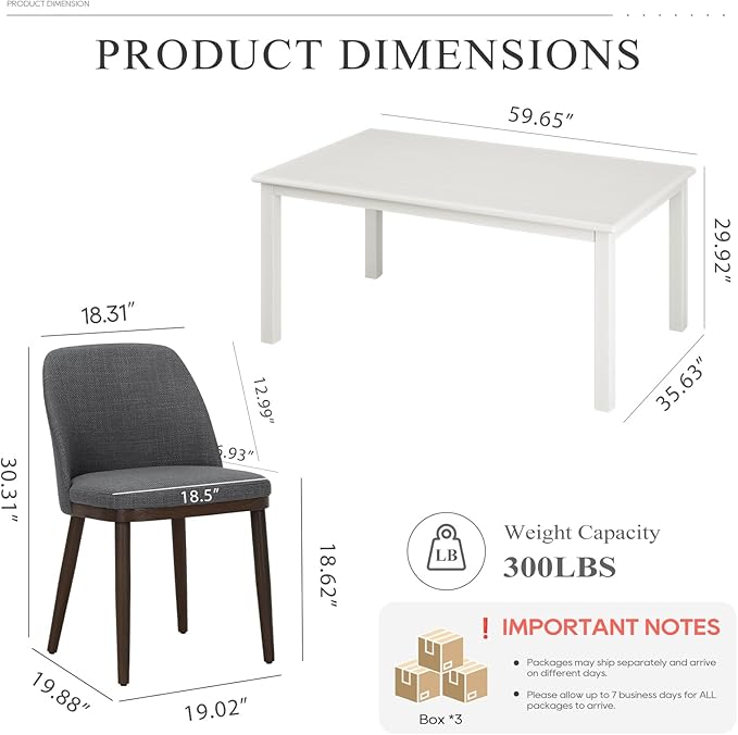 COLAMY 60 Inch Rectangular Kitchen Dining Table for 4, Modern Farmhouse Dining Table Set for 4, Wood Dining Table and Upholstered Dining Chairs for Kitchen, Dining Room, Restaurant, White/Light Grey