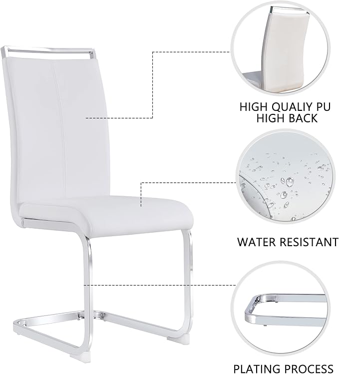 Dining Chairs Set, Kitchen Modern Metal Chairs with Faux Leather Padded Seat High Back and Sturdy Chrome Legs, Chairs for Dining Room (White, Set of 8)