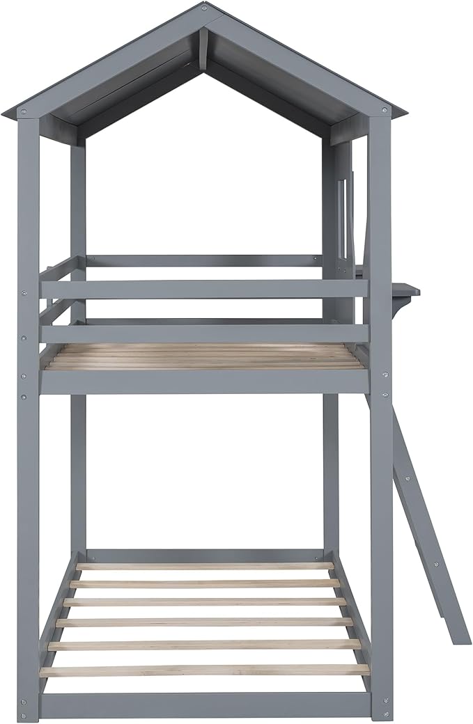 Ball & Cast Twin Over Twin Size Playhouse Bunk Bed with Roof and Window,Wood Bunkbed w/Full-Length Guard Rail & Ladder,Slat Support,Space Saving,Bedroom Furniture for Student Dorms,Gray