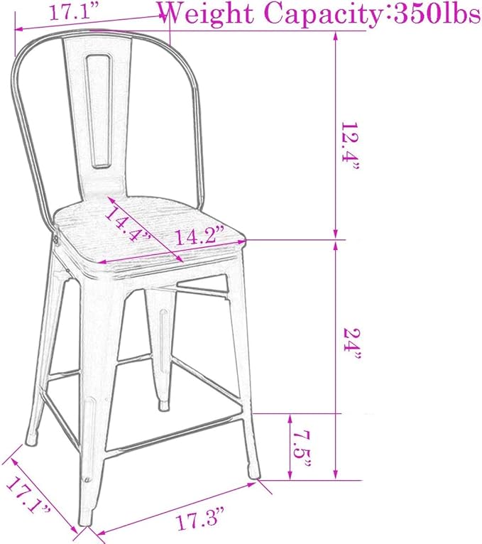 Changjie Furniture 24 Inches Metal Barstools Set of 4 Counter Height Bar Stools Industrial Stools with Backs High Back Chairs for Kitchen Island (24 Inch, Silver)