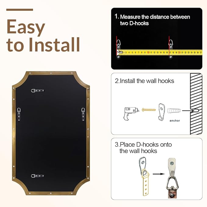 ANDY STAR 30x48 Inch Brushed Gold Mirror, Unique Rectangle Mirror for Bathroom, Large Scalloped Bathroom Mirror with Rust-Proof Stainless Steel 1" Frame, Hangs Vertically or Horizontally