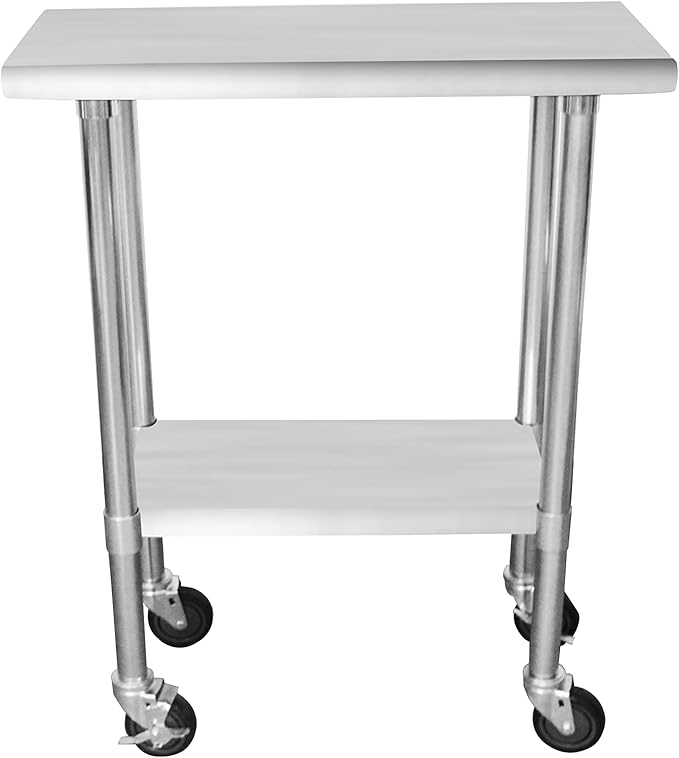 ROCKPOINT Stainless Steel Table for Prep & Work with Caster Wheels 14x30 Inches, NSF Metal Commercial Kitchen Heavy Duty Table with Adjustable Under Shelf and Table Foot for Restaurant, Home and Hotel