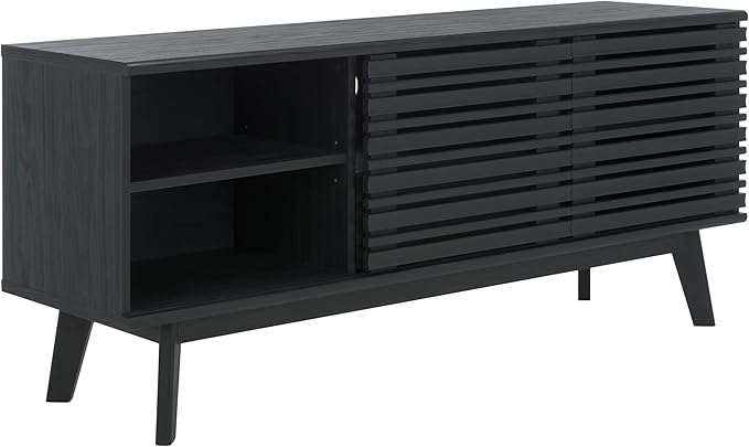 SAFAVIEH ESMA TV Stand for up to 60" Flatscreen – Black, Low Sideboard with 2 Sliding Doors, 1 Open Shelf, 1 Drawer, Entertainment Media Console (MED9638B)