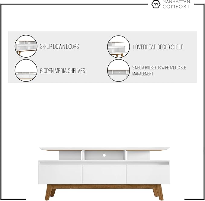 Manhattan Comfort Yonkers 63 Inch Mid Century Modern TV Stand with Storage, 3 Flip Down Door, Hole for Wire Management, Fits Up to 60" Television, Durable & Versatile Console Table, White