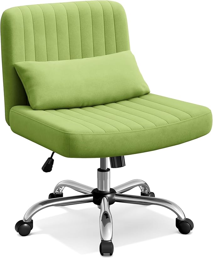 Warmiehomy Criss Cross Office Chair with Wheels, Velvet Cross-Legged Desk Chairs for Home, Height Adjustable Swivel Wide Seat Computer Chair, Morden Vanity Chair for Women, Light Green