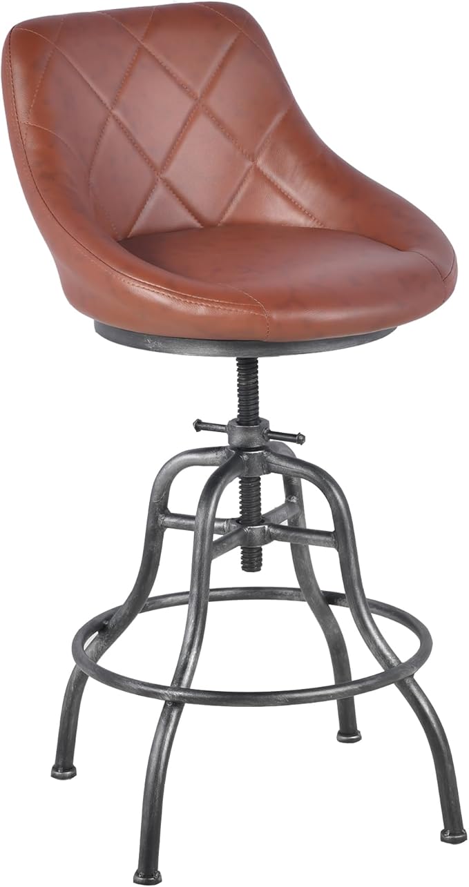 Diwhy Industrial Counter Stool, 22.44"-27.17" Adjustable Height PU Backrest Seat Bar Stool, Vintage Kitchen Dining Chair with Footrest, for Kitchen, Dining Side Chair, Bistro, Brown Leather