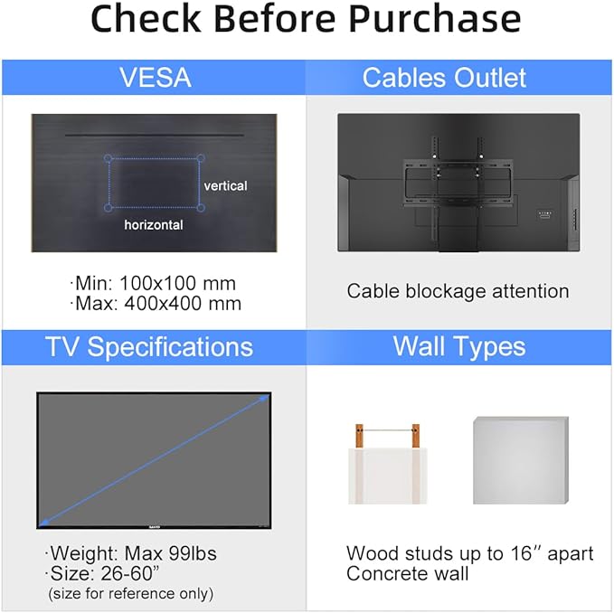 Suptek Tilt TV Wall Mount for Most 26-60 inch LED, LCD and Plasma TV, Max 400x400mm VESA and 99lbs Load Capacity, Fits Studs 16" Apart, Low Profile