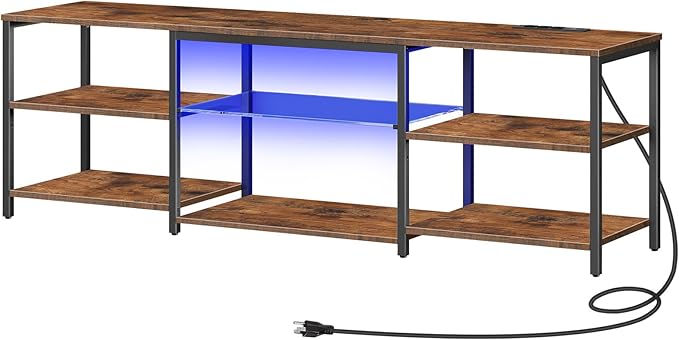 HOOBRO LED TV Stand for 75 Inch TVs with Charging Station, Gaming Entertainment Center with Open Storage, Media TV Console Table, TV Stand for Living Room, Bedroom, Rustic Brown and Black BF21UDDS01