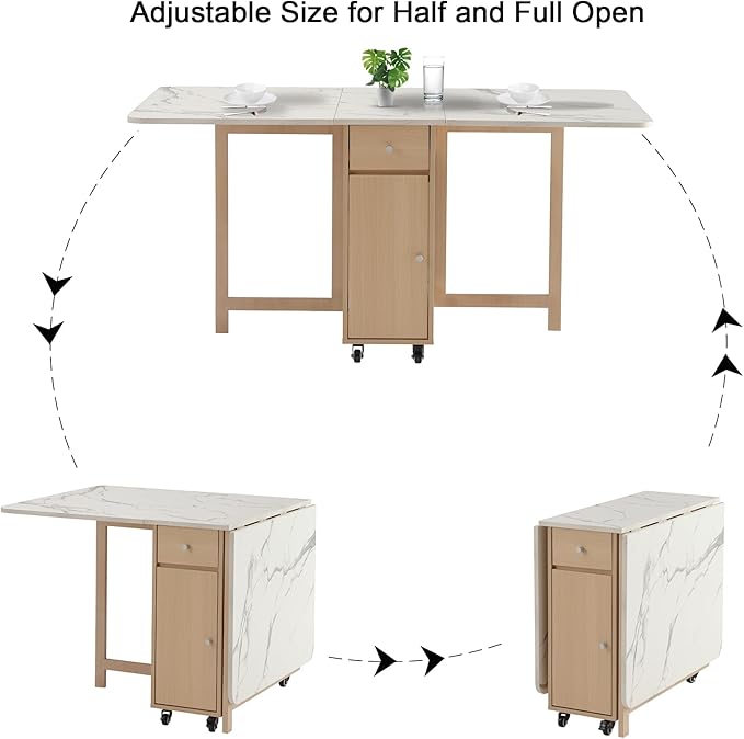 Drop Leaf Table Extendable, Foldable Kitchen Table Space Saving, Folding Dining Table with 2 Drawers and 4 Wheels, Dining Table for Living Room, Farmhouse, RV(Marble Wood)