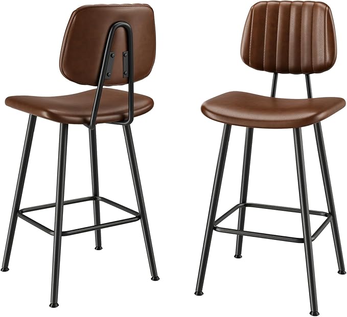 24-Inch Leather Bar Stools Set of 2, Counter Height Barstools with High Backrest,Bar Chairs for Kitchen Island with Heavy Duty Metal Legs, Dark Brown