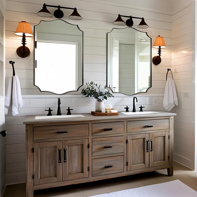 Black Bathroom Mirror, 24x32 Unique Irregular Mirror, Rectangle Mirror with Wavy Edge in Premium Stainless Steel Metal Frame 1" Deep, Wall Mounted Horizontal/Vertical