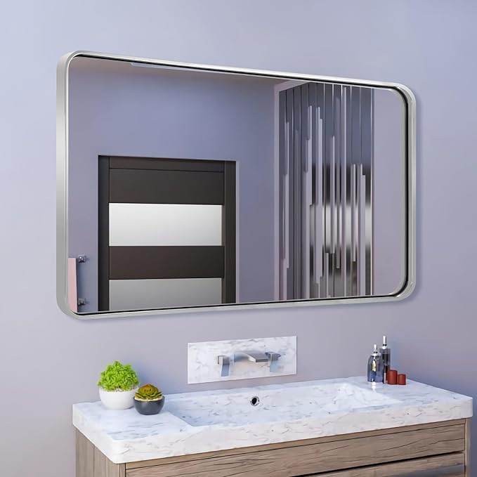 ANDY STAR 30x48 Inch Brushed Nickel Bathroom Mirror, Rounded Corner Brushed Silver Mirror, SUS304-Anti-Rust Metal Tube Frame Wall Mounted Horizontal/Vertical 1’’ Deep