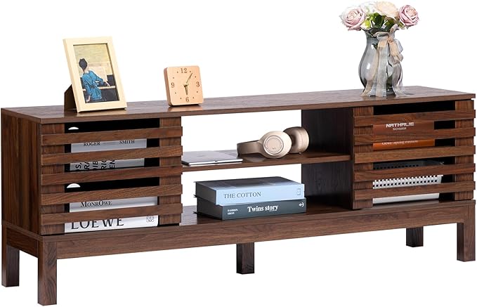 HollyHOME Wood TV Stand for TVs up to 65", Mid Century TV Stand with Storage, Modern Entertainment Center with Fence Door, Accent TV Media Console Table for Living Room, 53"(L), Retro Brown
