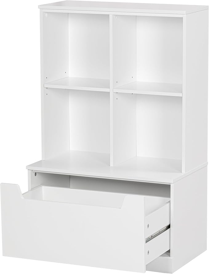 UTEX Kids Bookshelf and Toy Storage Organizer, Toddlers Bookcase with Cubbies, Adjustable Wood Shelf with Drawer for Bedroom, Playroom, Nursery, White