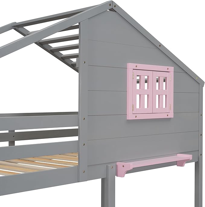 Ball & Cast Twin Over Twin Size Bunk Bed with 2 Drawers and 1 Storage Box,Playhouse Wood Bunkbed w/Window & 1 Shelf,Slat Support,Space Saving,Bedroom Furniture for Student Dorms,Gray