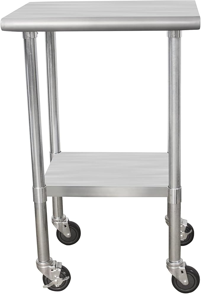 ROCKPOINT Stainless Steel Table for Prep & Work with Caster Wheels 18x24 Inches, NSF Metal Commercial Kitchen Heavy Duty Table with Adjustable Under Shelf and Table Foot for Restaurant, Home and Hotel