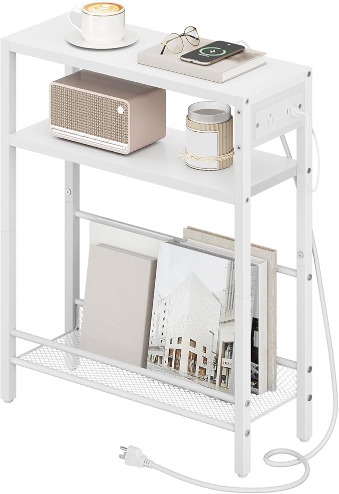 HOOBRO Small Narrow Side Table with Charging Station, Skinny End Table for Small Spaces, Slim Nightstand with USB Ports Outlet, Sofa Beside Table with Storage Shelf, White WT102UBZ01