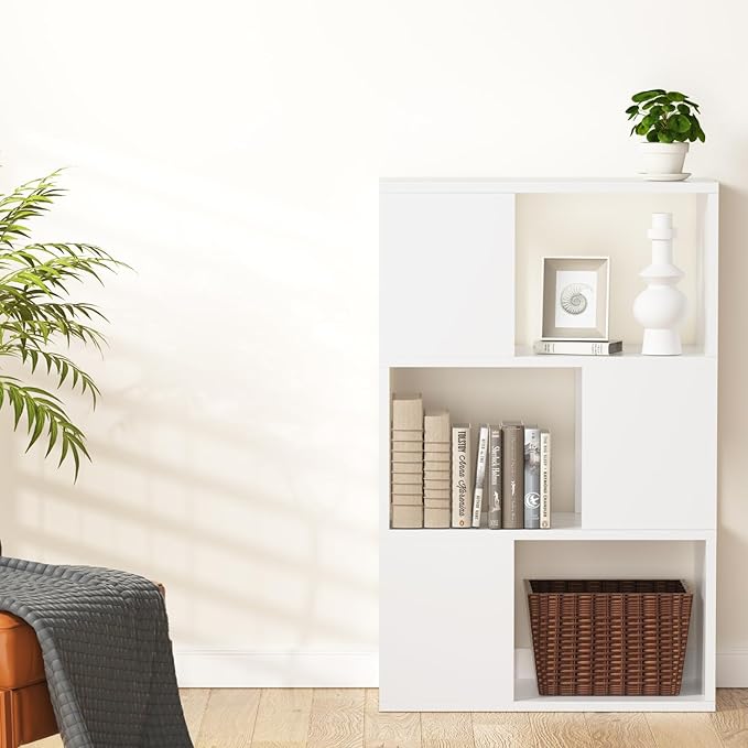 GHC 3 Tier Bookshelf, Wood Decorative Storage Shelving, Modern Freestanding Display Shelves, Tall Book Shelf Unit for Living Room, Bedroom, Office-White
