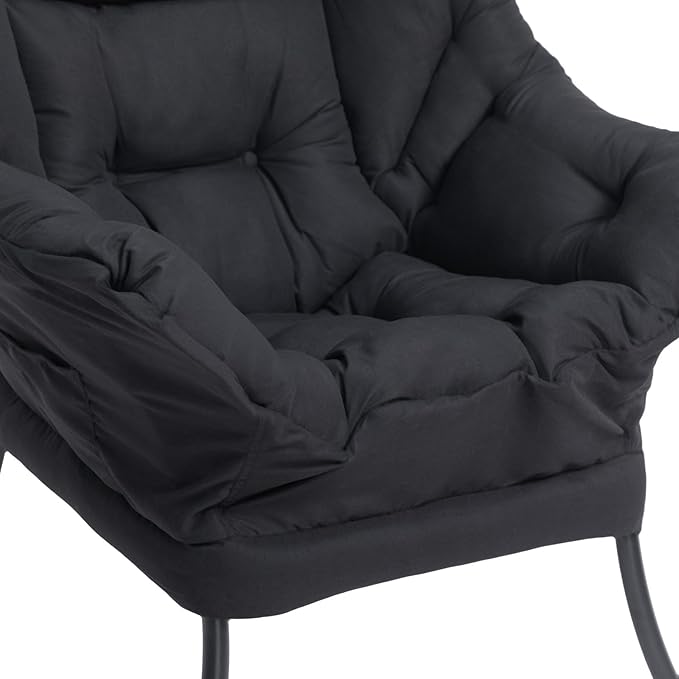 HollyHOME Fabric Lazy Chair with Foldable Ottoman, Accent Comfy Lounge Arm Chair and Folding Footrest Stool Set, Leisure Sofa Reading Chair and Footstool for Living Room, Bedroom, Dorm, Matte Black