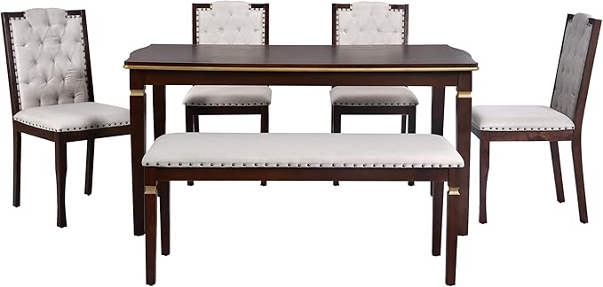 Merax 6-Piece Kitchen Dining Table Set, 62.7" Rectangular with 4 High-Back Tufted Chairs & 1 Bench for Kitchen Room, Espresso