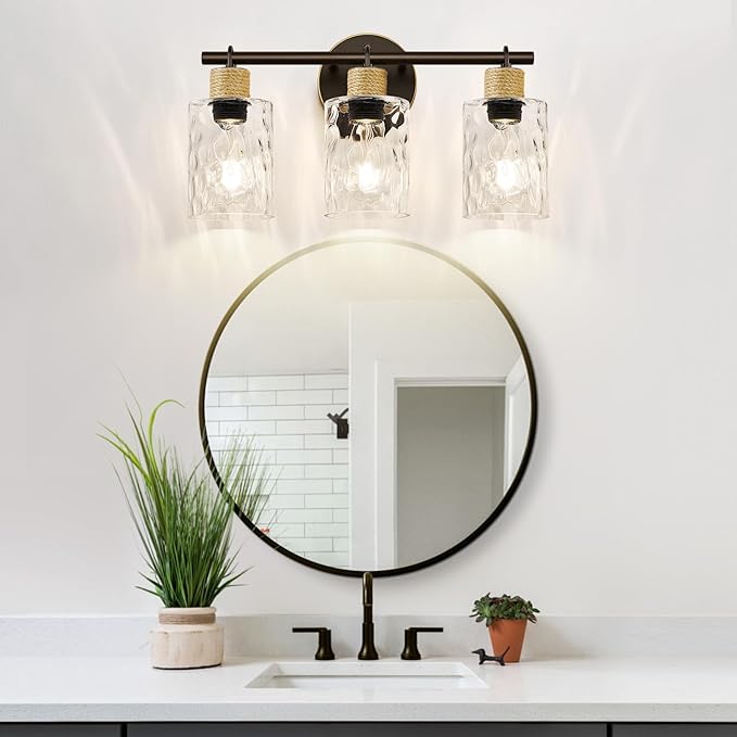 2025 Upgrade Bathroom Light Fixtures, 3-Light Coastal Vanity Lights with Crystal Glass Shade, Oil-Rubbed Bronze Bathroom Wall Lamp for Mirror Kitchen Hallway Cabinet