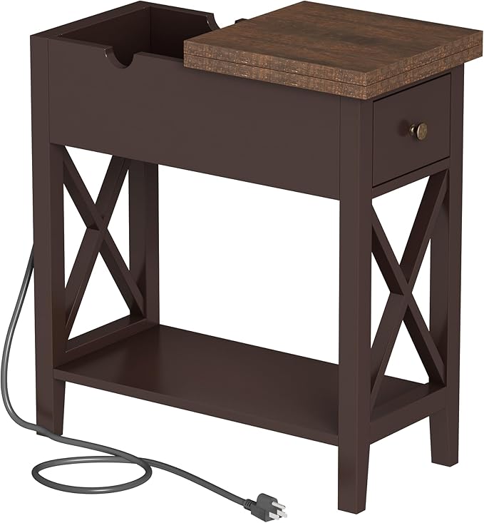 ChooChoo End Table with Charging Station, Narrow Side Table with USB Ports and Outlets, Nightstand with Drawer, for Small Spaces, Bedside Tables for Living Room Espresso