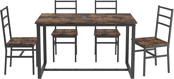 5-Piece Dining Table Set with 4 Chairs, 47.2" Kitchen Table Chairs Set of 4, Rectangular Industrial Style Dining Room Table Set with Backrest, Perfect for Small Space, Brown